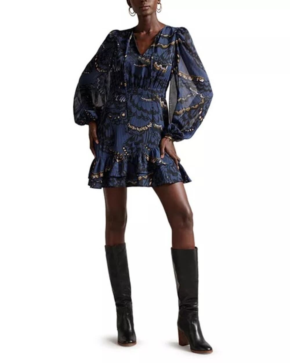 TED BAKER Pollei Ruffled Asymmetric Mini Long-sleeve Dress Size 0 Balloon Sleeve
